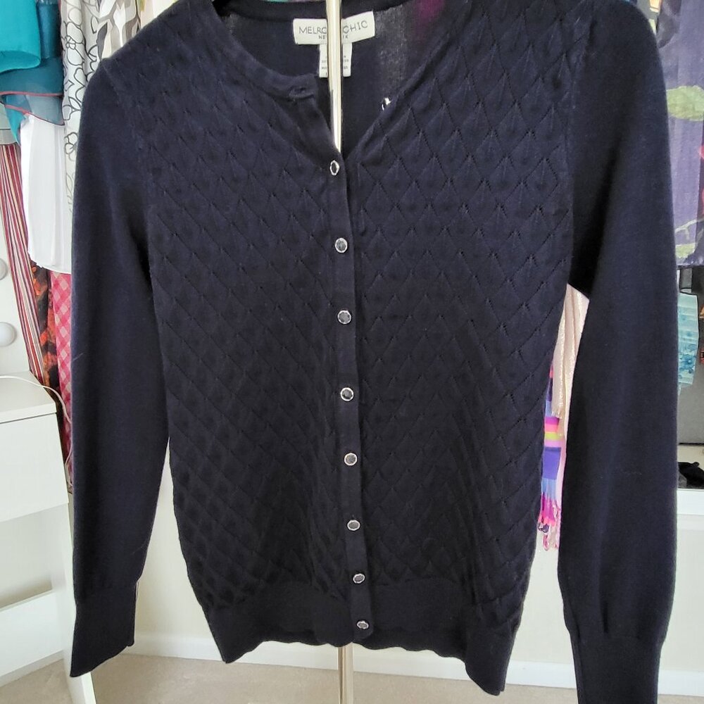 Melrose Chic Navy Long Sleeve Crew Neck Button Front Cardigan Sweater Small